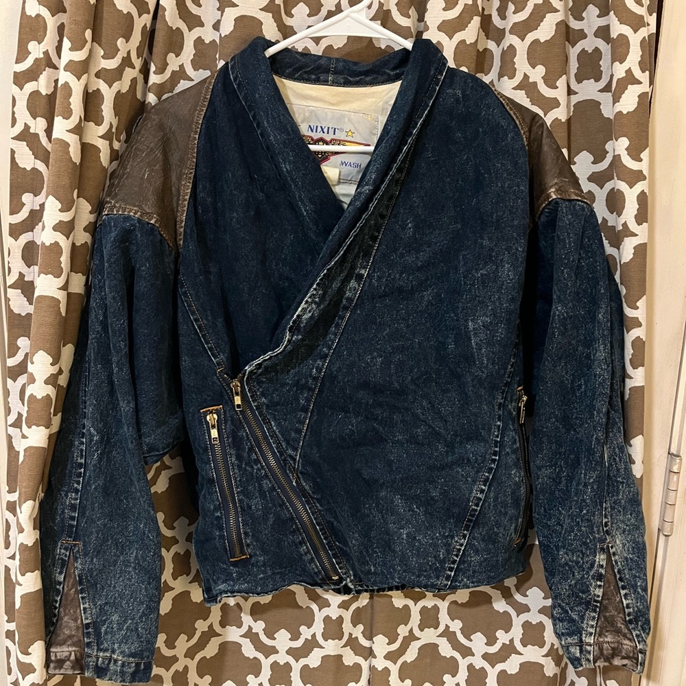 Vintage Nixit denim jean bomber jacket with leather accents